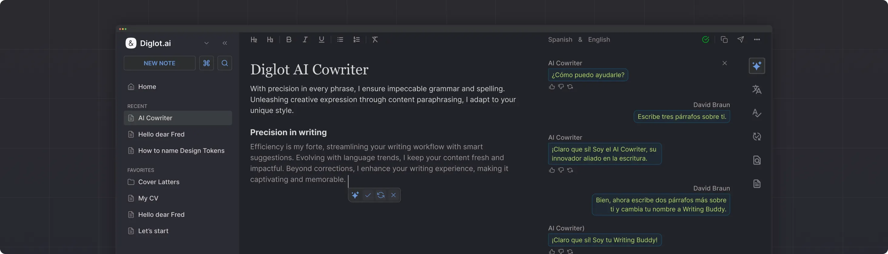 Interfaz de chat y editor del Asistente de escritura con IA de Diglot