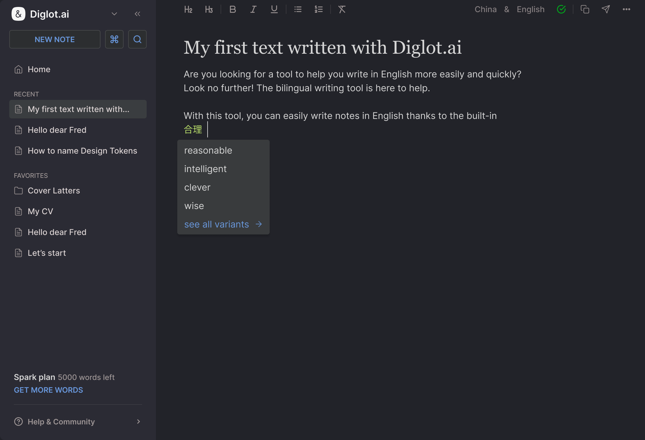 Diglot.ai - bilingual writing tool, write and translate in one app