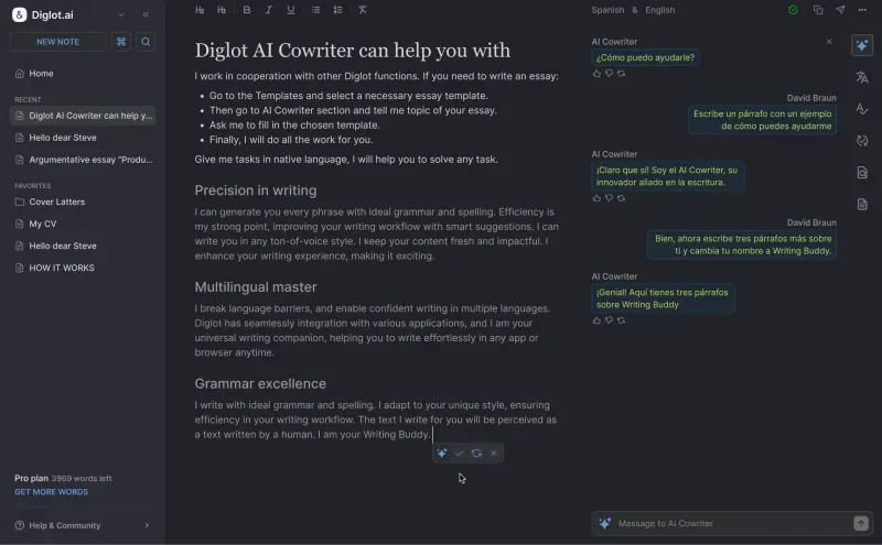 Diglot writing workspace: draft, translate, and revise in one editor