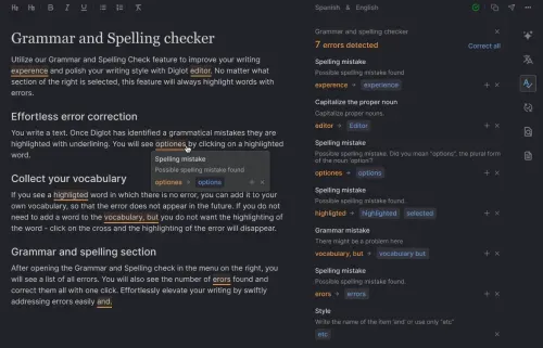Grammar and spelling checker in Diglot app