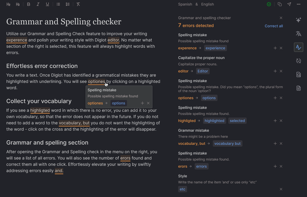 Grammar and spelling checker in Diglot app