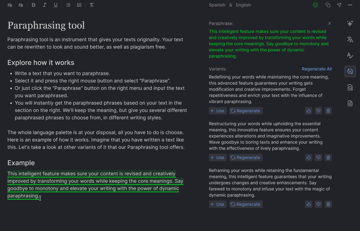 Paraphrasing tool in Diglot app