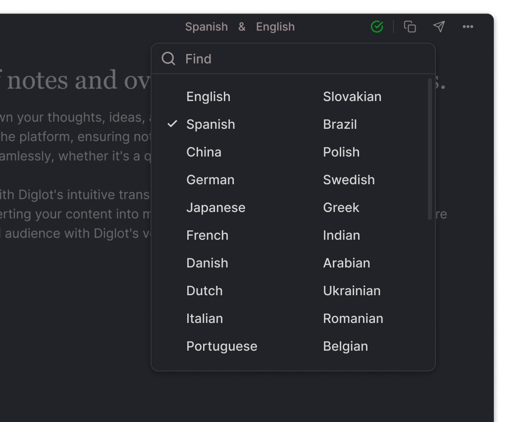 Translation into 24 languages in Diglot.ai