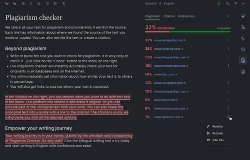 Plagiarism checker in Diglot app