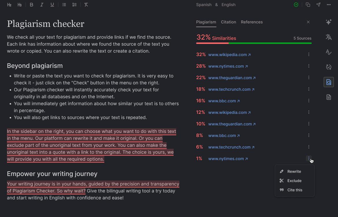 Plagiarism checker in Diglot app