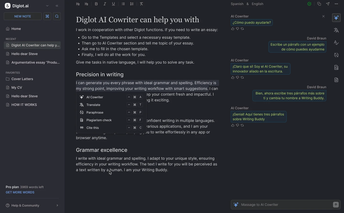 Diglot Select and Act workflow for professionals writing in English