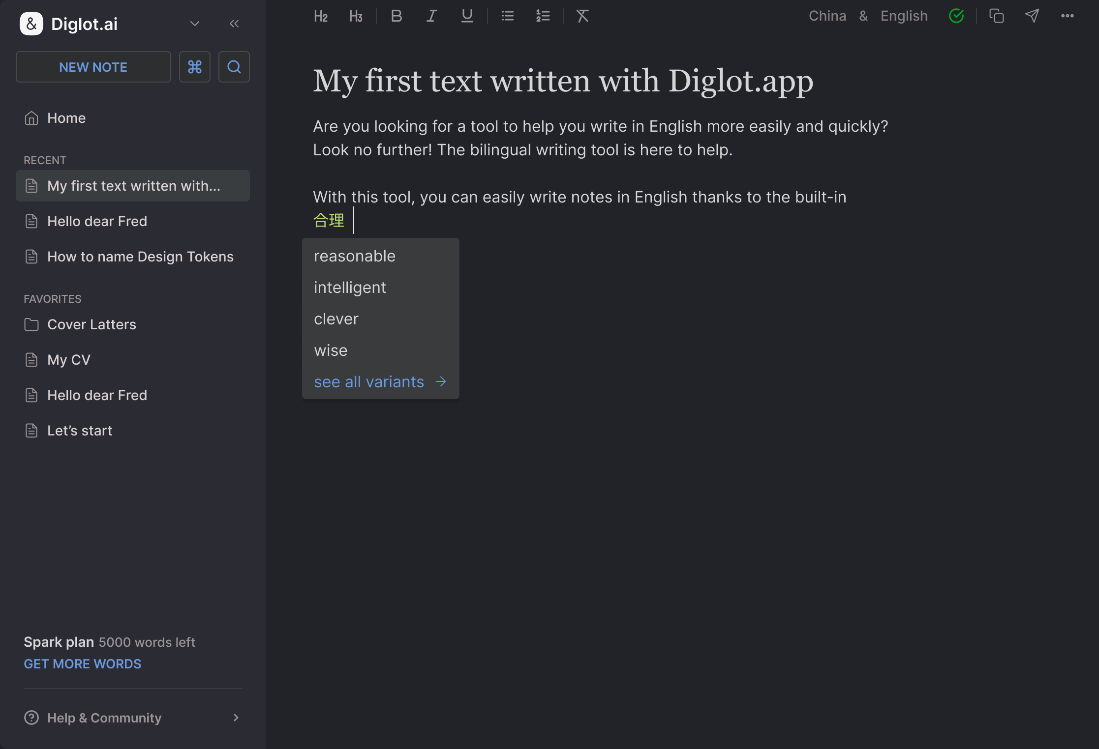 Diglot ESL writing workflow — bilingual editor with L1-aware tools