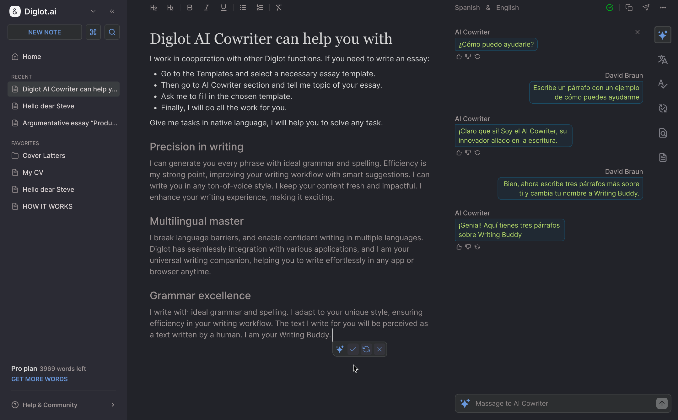 Diglot writing workspace: draft, translate, and revise in one editor