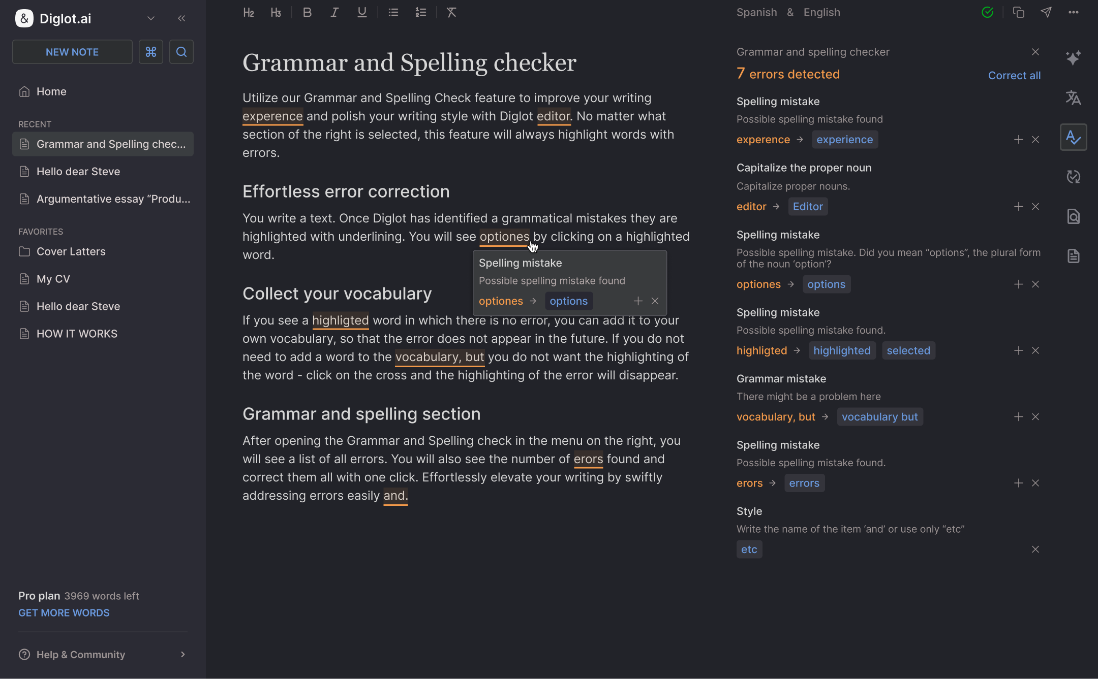 Diglot AI grammar checker interface showing L1-aware corrections