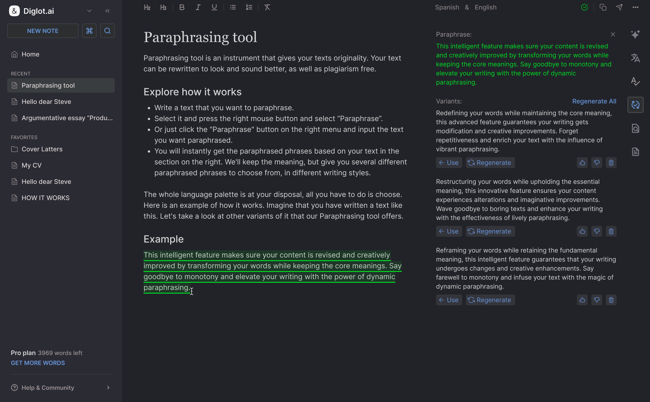 Diglot AI paraphrasing tool with L1-aware rewrite suggestions