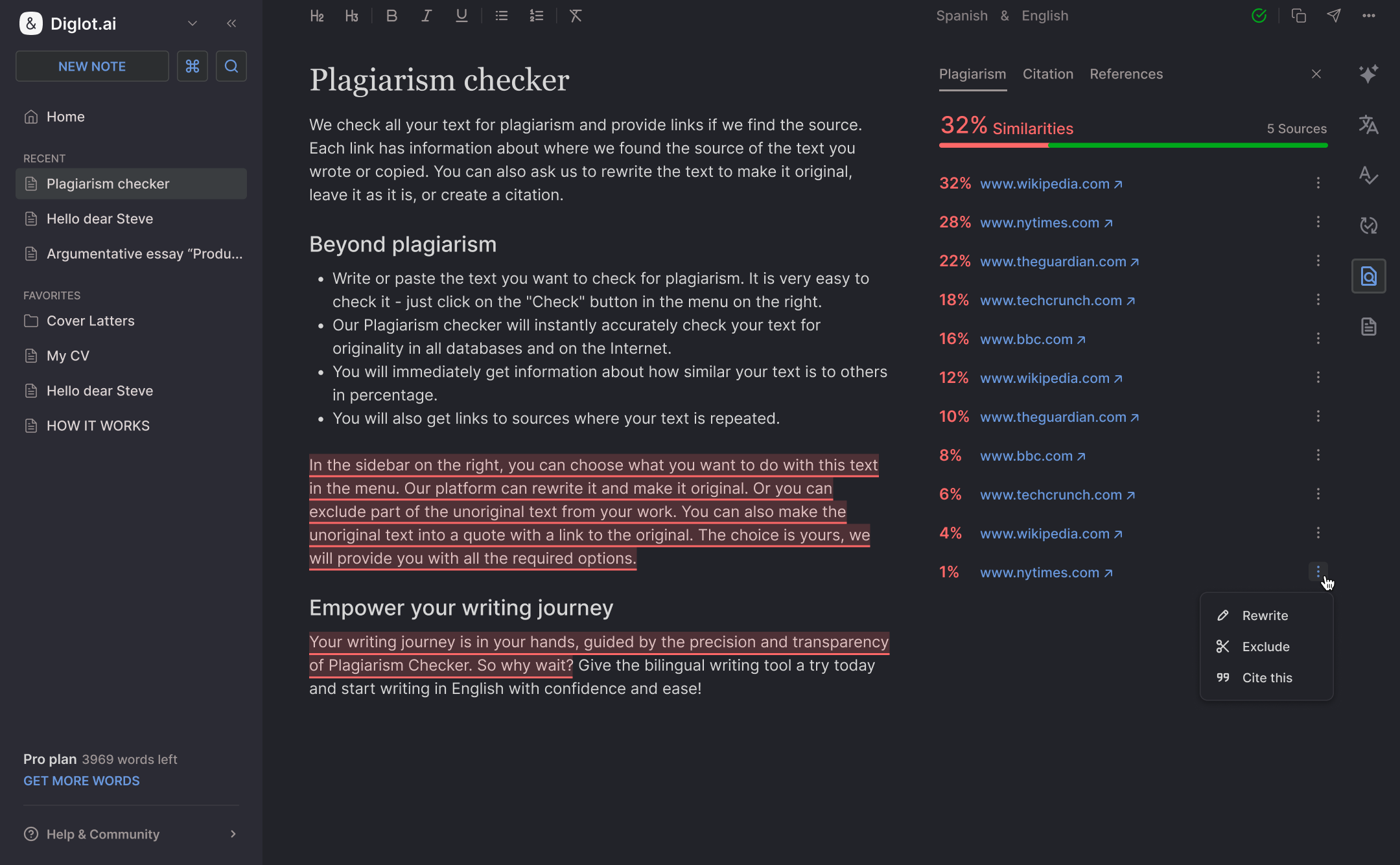 Diglot AI plagiarism checker with inline overlap highlighting