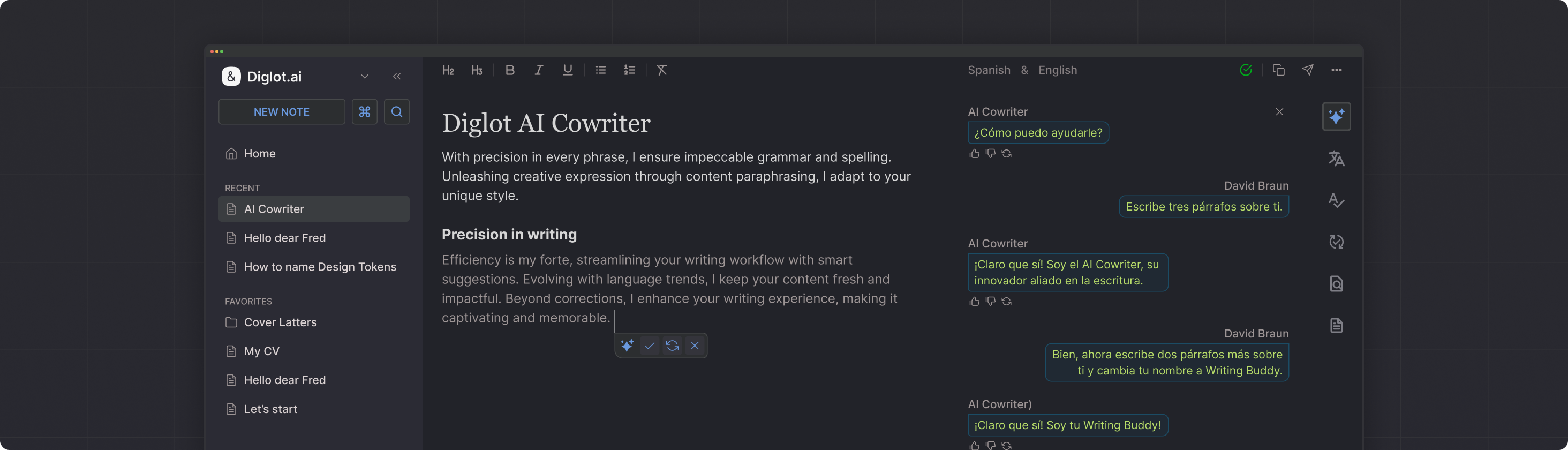 Diglot AI Writing Assistant chat and editor interface