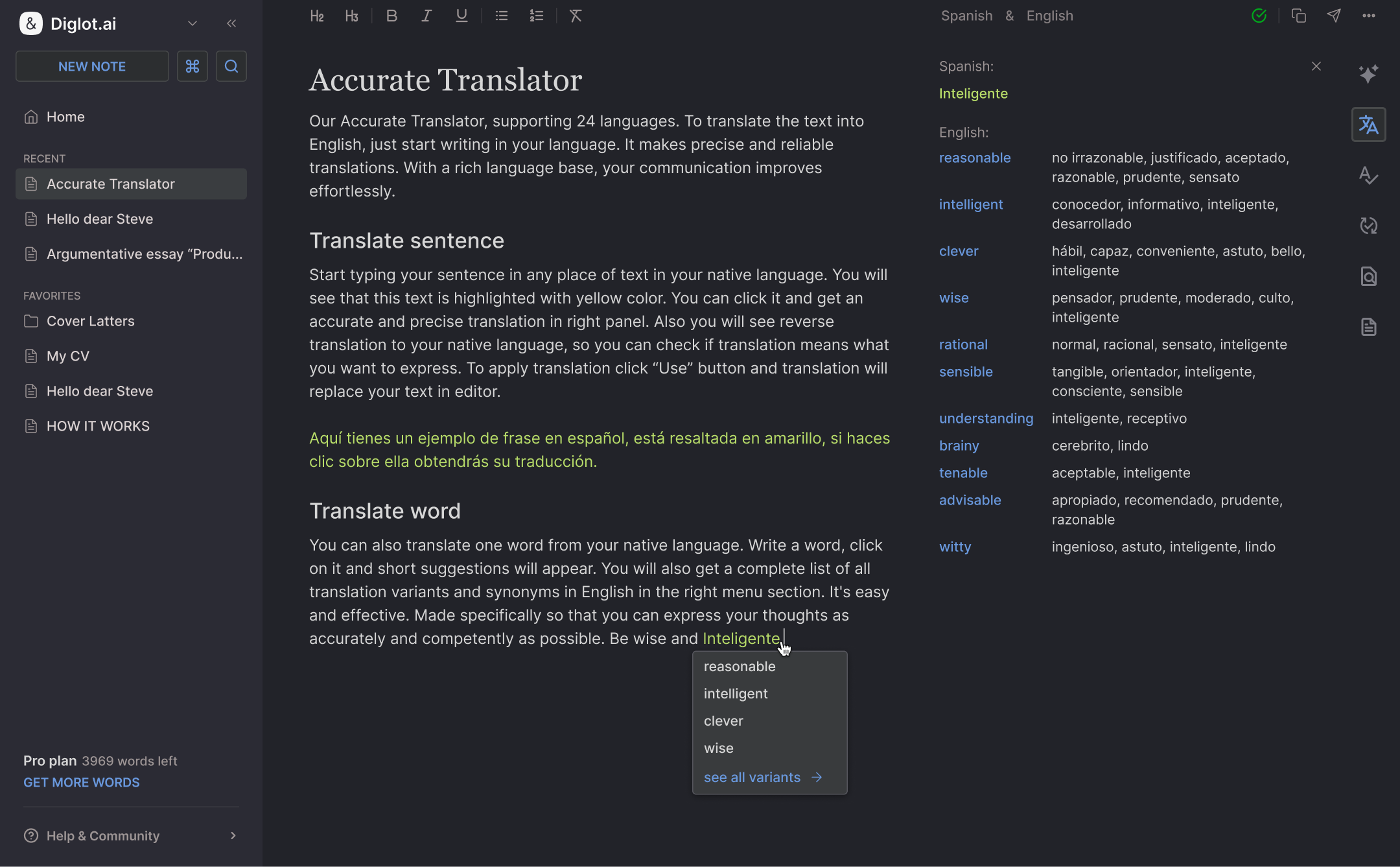 Diglot AI translator with bilingual side-by-side editor